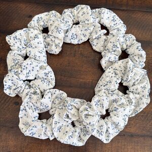 Set of 10 Soft Floral Fabric Hair Scrunchies – White with Blue Flowers